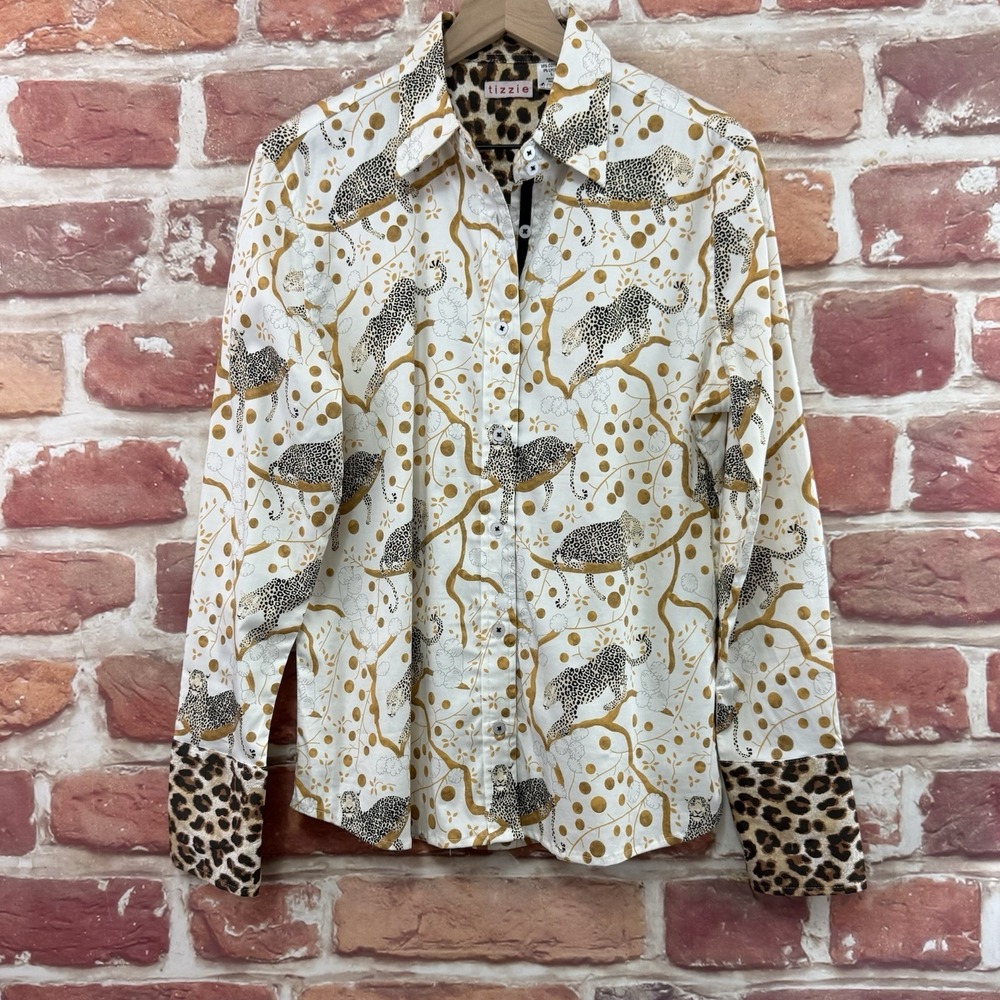 Tizzie Top Women's L White Multicolor Leopard Animal Print Abstract Casual Shirt - Picture 6 of 8